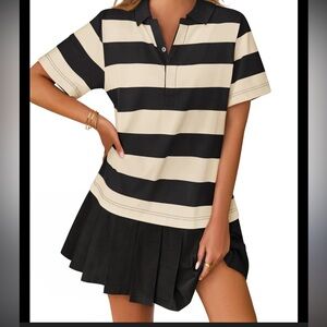 ZESICA Short Sleeve Tunic Shirt Dress Women M Cream Black Striped Y2K Pleated